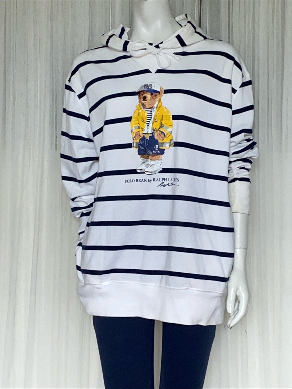 Ralph Lauren Striped Polo Bear Lightweight Hoodie - White & Navy Pockets Size XL